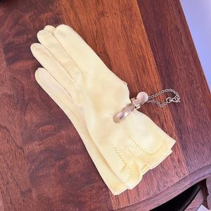 Vintage Van Raalte Made in USA Yellow Nylon Gloves with Gold Glove Clip